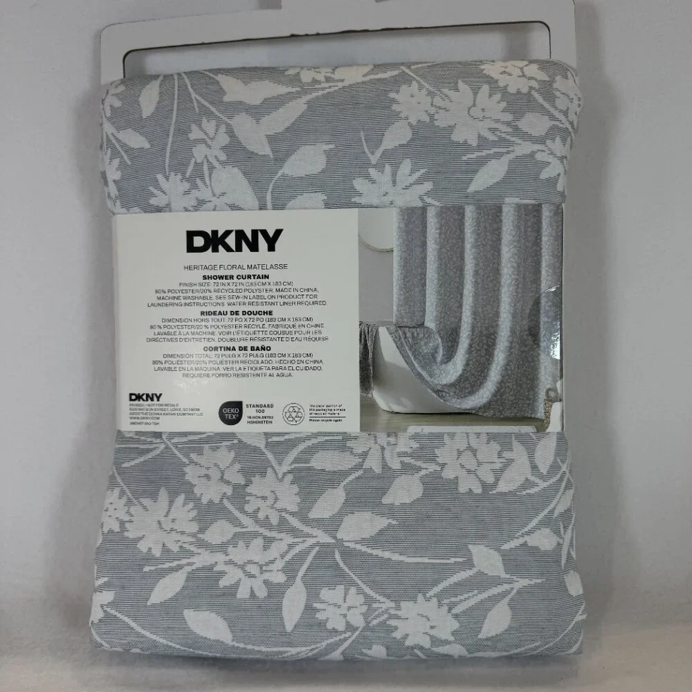 DKNY Heritage Floral Matelasse Shower Curtain Grey/White 72x72 Textured Fabric